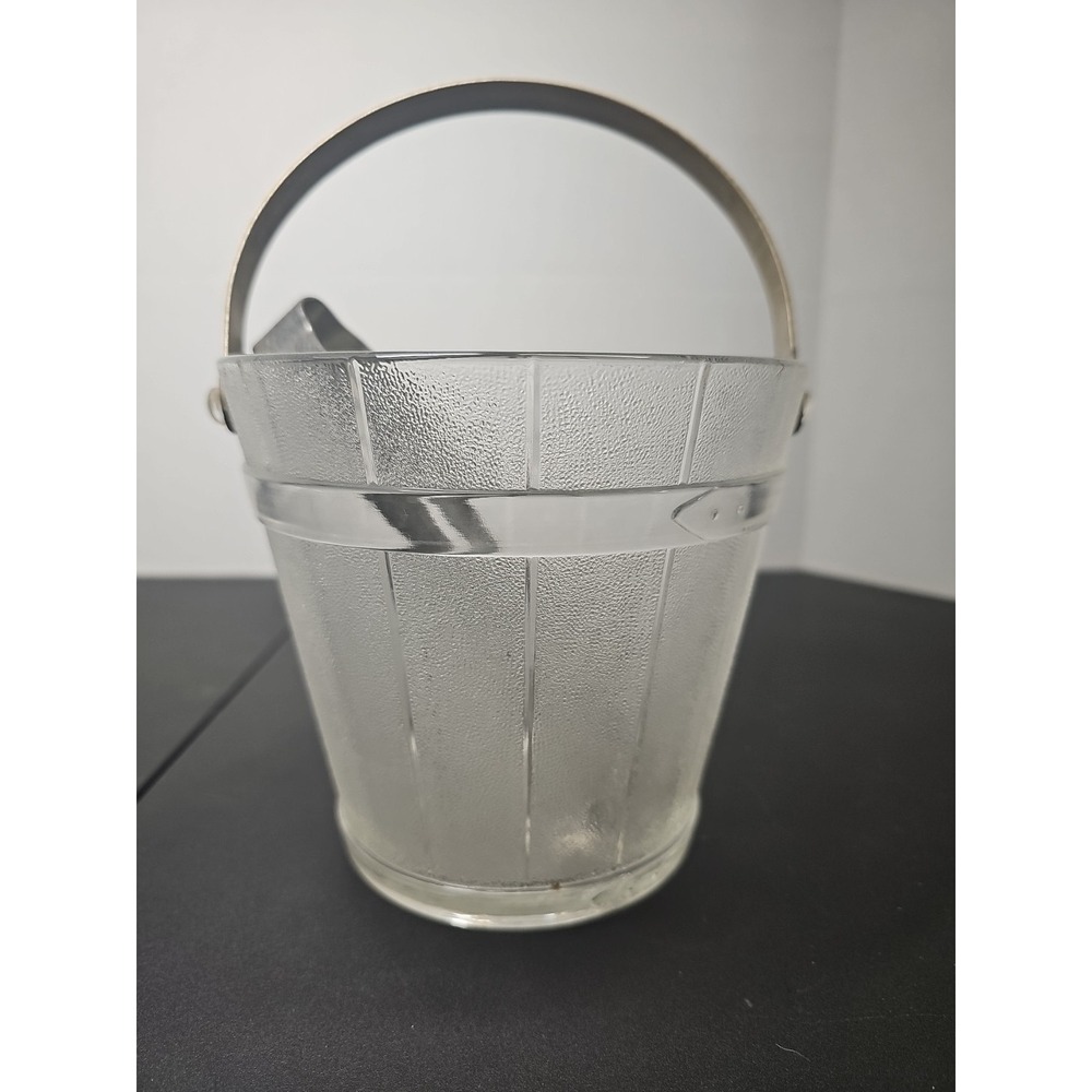 Vintagr Depression Textured Clear Glass Keg Barware Ice Bucket w/ Handle & Tongs - Picture 2 of 10